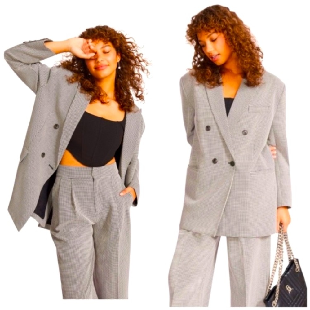 Steve Madden Isabella Plaid Oversized Boxy Blazer Houndstooth White Black XS